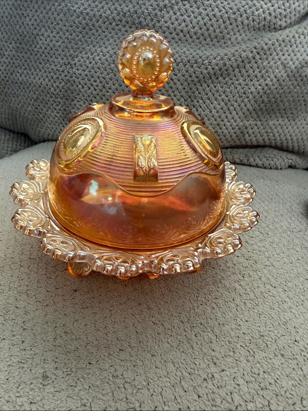 Vintage carnival Amber Glass Covered Butter Dish